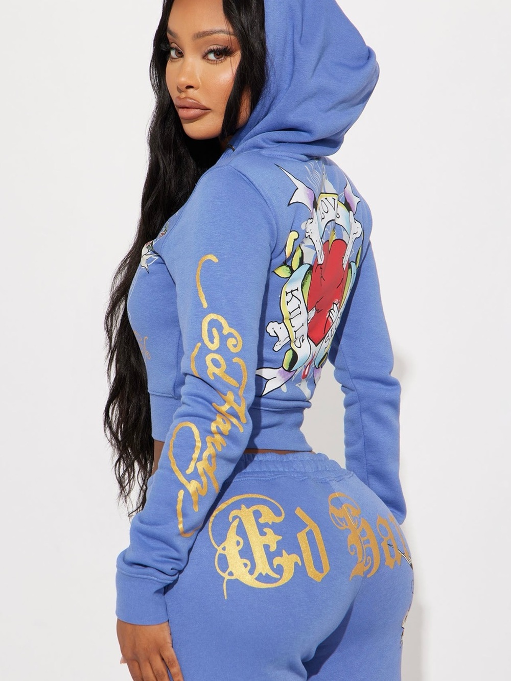 Ed Hardy Free Bird Zip Up Sweat Pants Set - Blue